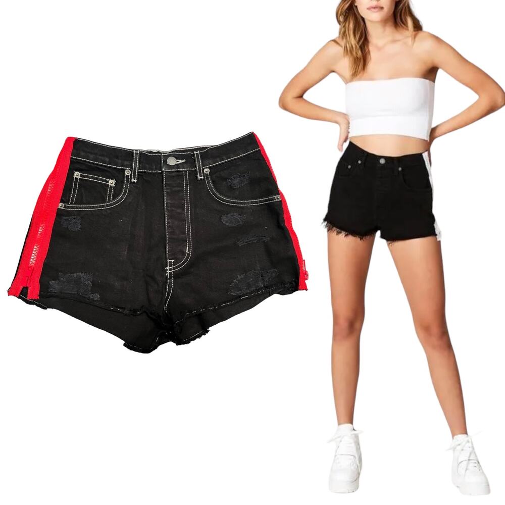 CARMAR Titania Distressed Denim Shorts Black Red Side Zipper High Rise 27 EUC